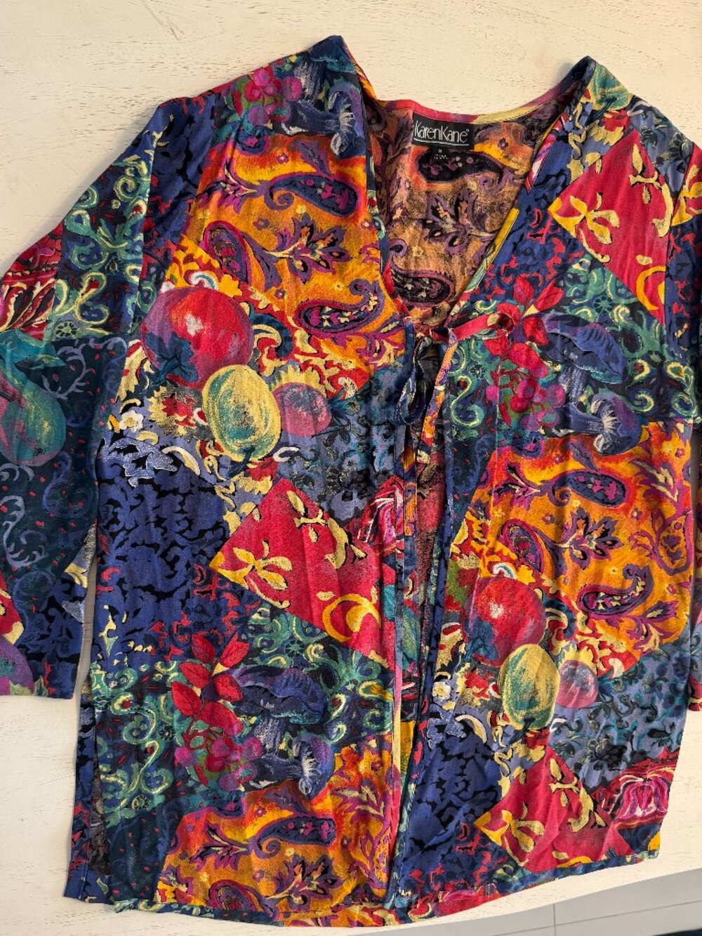 Vintage Karen Kane Patchwork print tie-front blouse multicolor boho maximalist M
